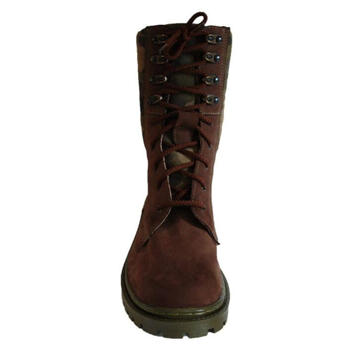 Front view of brown nubuck leather combat boots