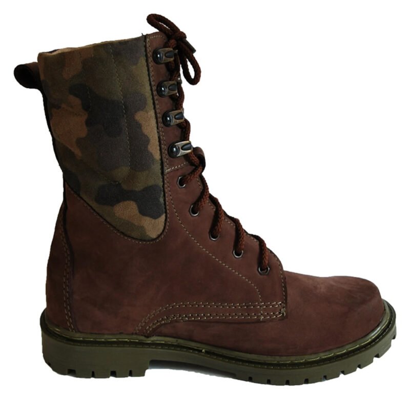 Top view of brown camouflage tactical boots