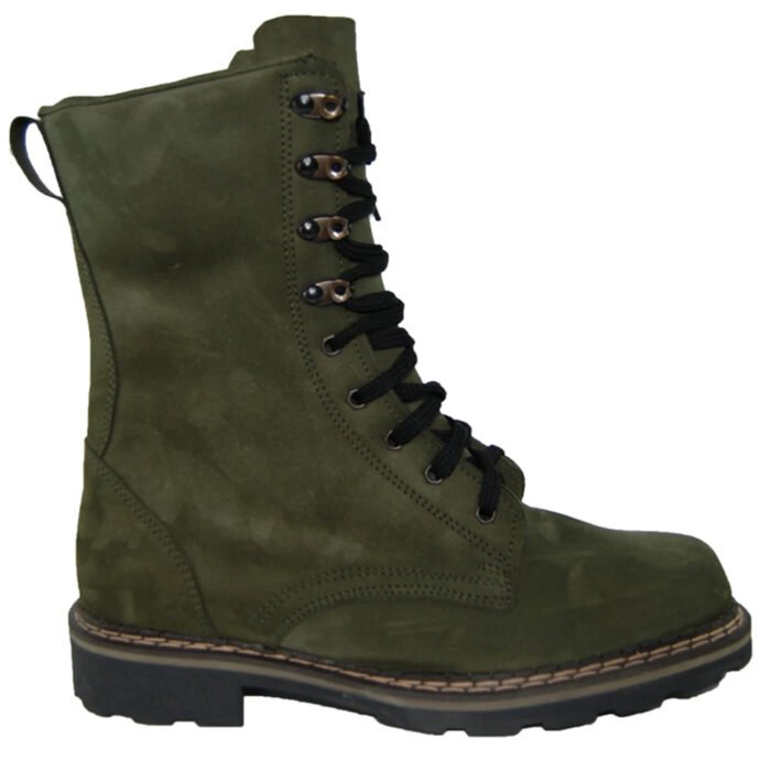 Side profile of dark olive military boots