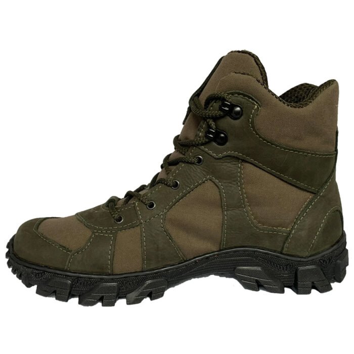 Angled view of olive ankle combat boot with nubuck leather and tactical design.