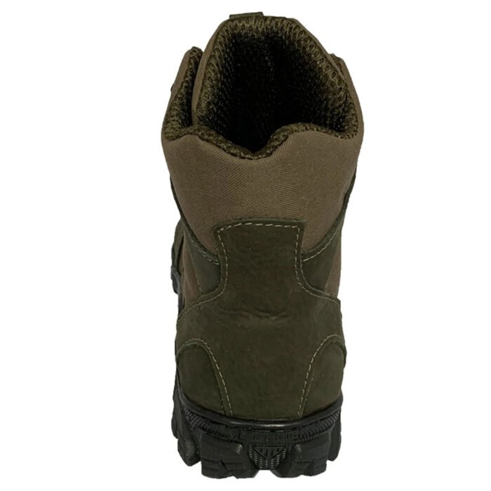 Back view of Ukrainian army tactical boot in olive with nubuck leather and reinforced heel.