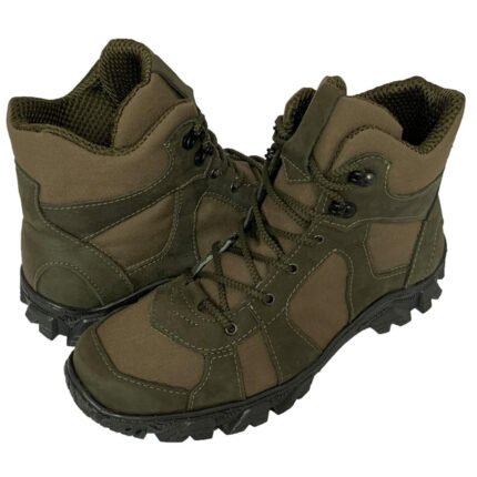 Pair of olive nubuck leather tactical boots for Ukrainian army.