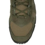 Top view of olive Ukrainian military boot showcasing the nubuck leather and secure lacing