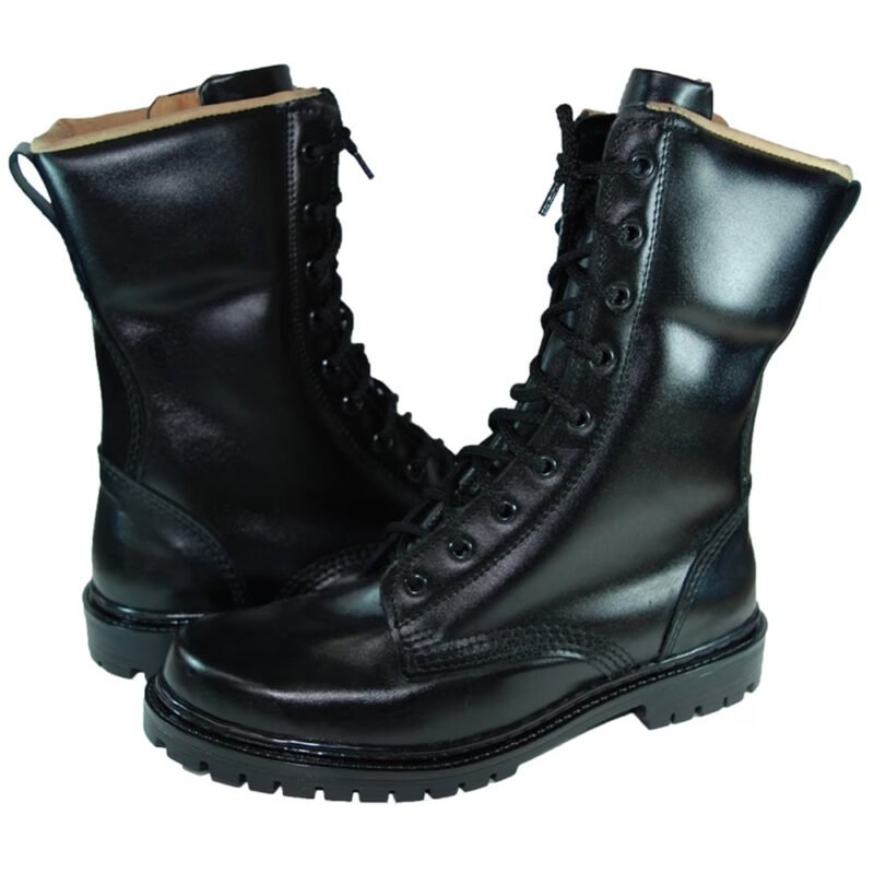 Side view of a black leather military boot with a high-top design.
