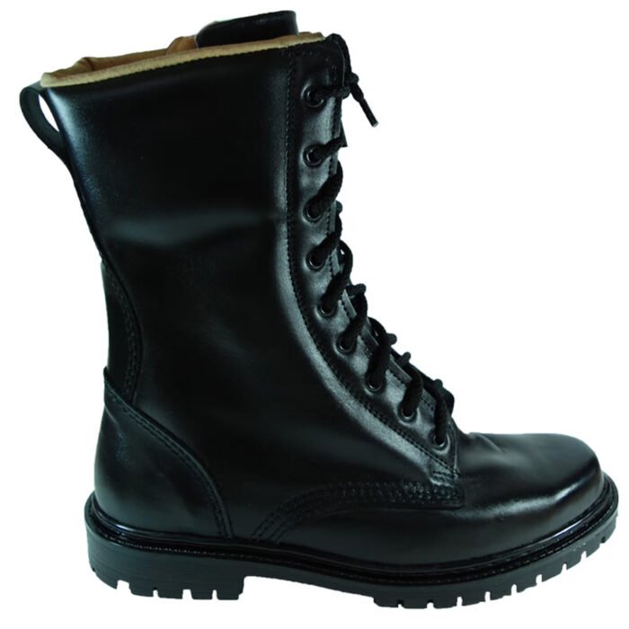 Back view of a black military boot highlighting the reinforced structure.