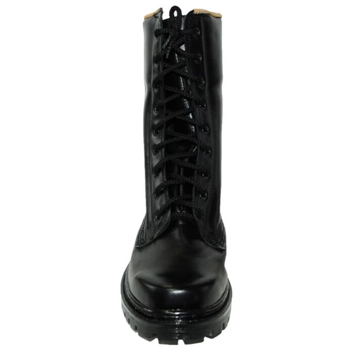 Front view of laced-up black leather military boots.