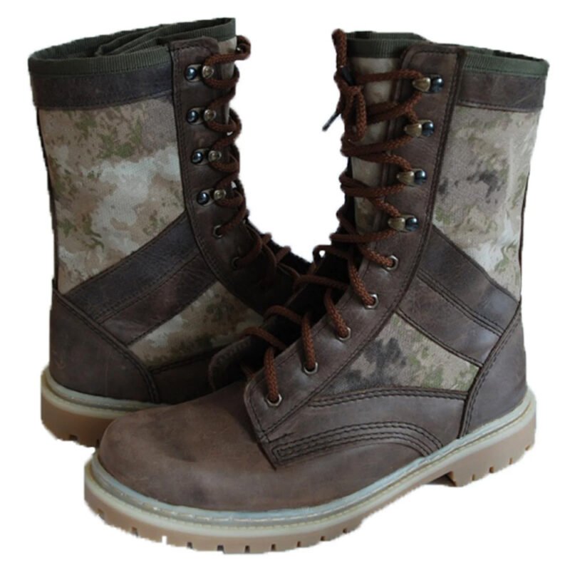 Complete pair of moss camo and nubuck leather combat boots ready for military and outdoor use.
