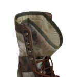 Front view of moss camo boots, highlighting the nubuck leather."