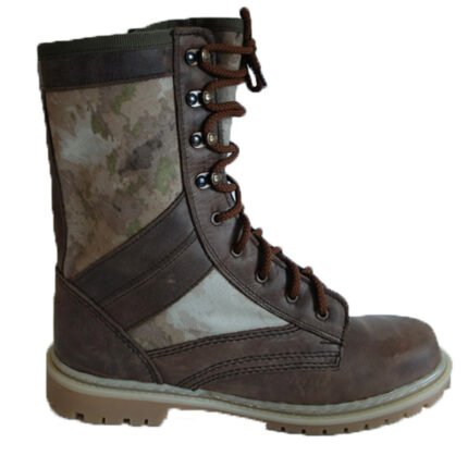 Profile view of moss camo boots for all-season military use.