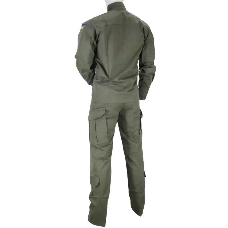 Rear view of a full National Guards of Ukraine olive tactical suit.