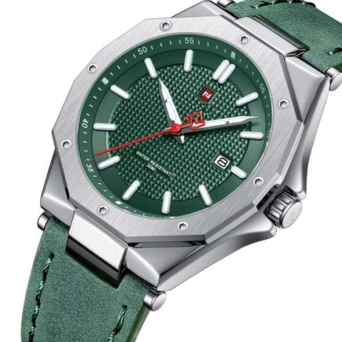 Close-up of US navy watch with green military wristwatch dial.