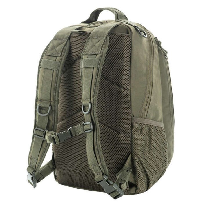 Rear view of olive tactical backpack with padded straps