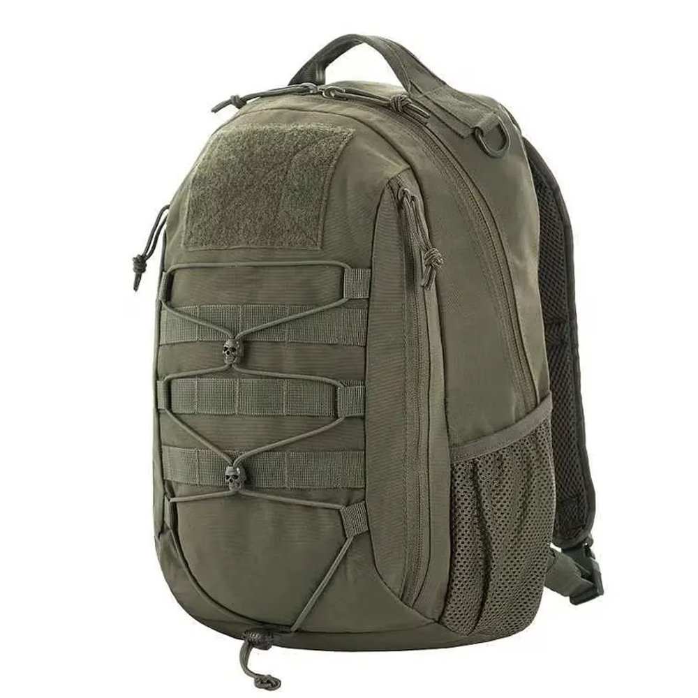 Front view of olive tactical backpack with multiple compartments