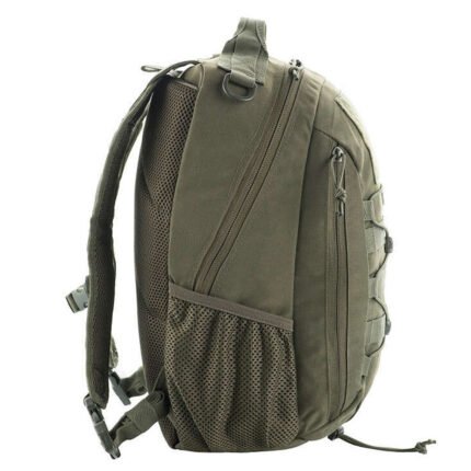 Side view of olive tactical backpack with adjustable straps
