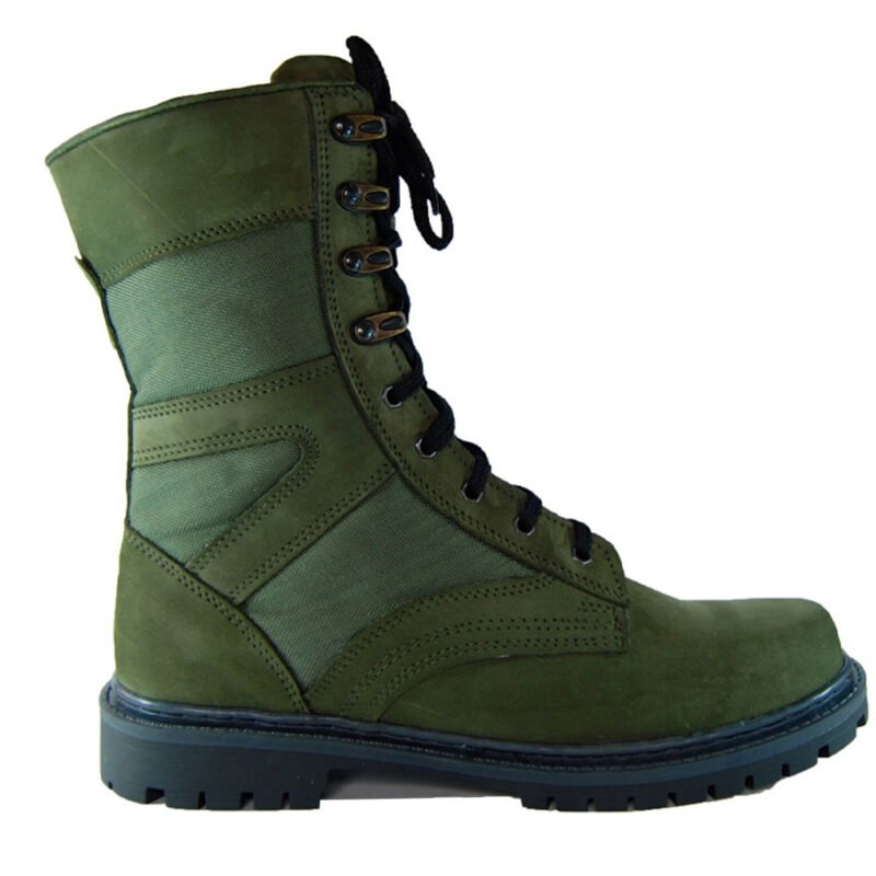 Olive tactical boots showing angle view, ready for military action and work durability.