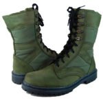 Full view of olive army boots, geared for military excellence and work readiness.