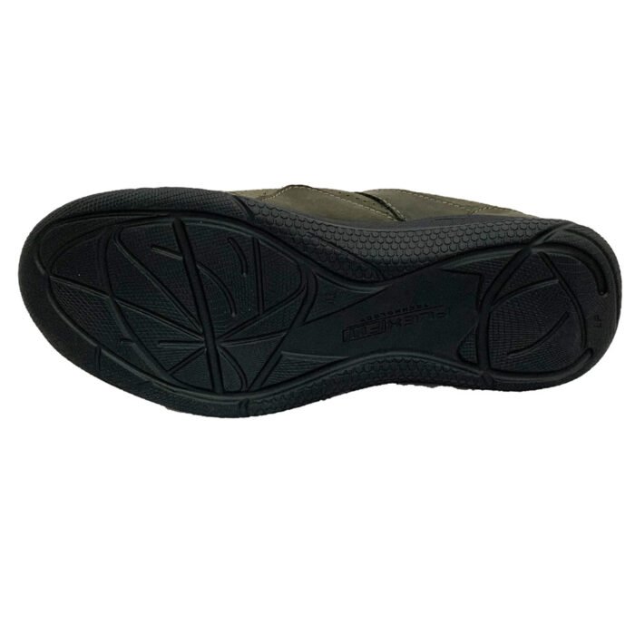 Durable black rubber sole of olive tactical sneakers designed for sport and outdoor activities.