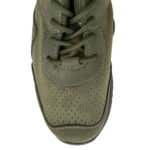 Top view of olive tactical summer sneakers with breathable fabric and secure lacing.