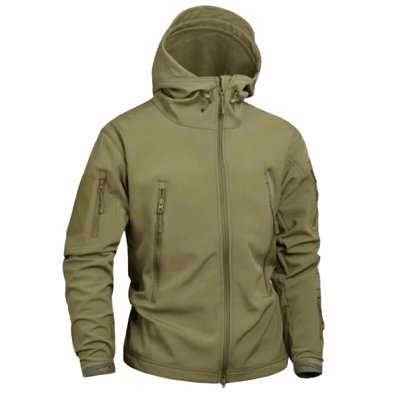 Frontal view of a military softshell jacket with a hood.