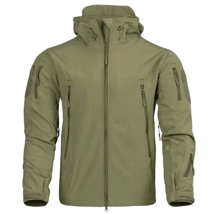 Full front view of a tactical jacket with multiple utility pockets