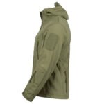 Side view of an olive jacket with tactical pockets and patches