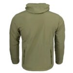 Back view of an olive windproof jacket designed for active wear.