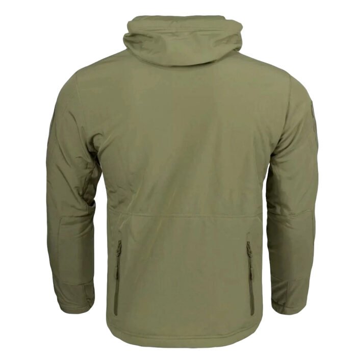 Back view of an olive windproof jacket designed for active wear.