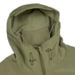 Adjustable hood on an olive tactical softshell jacket.