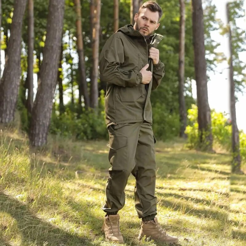 Full view of an olive Gorka tactical suit, including jacket and trousers.