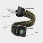"Tactical wristwatch with multiple survival tools including a clasp knife, compass, whistle, flint, and a durable tactical strap.