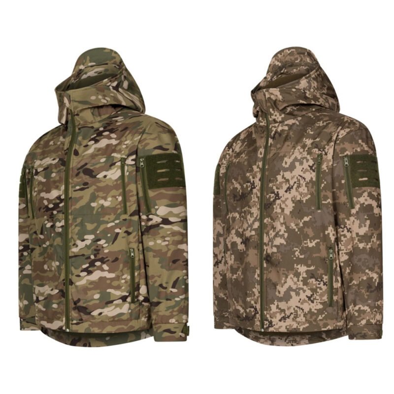 US Army softshell tactical jackets in multicam and pixel camo patterns