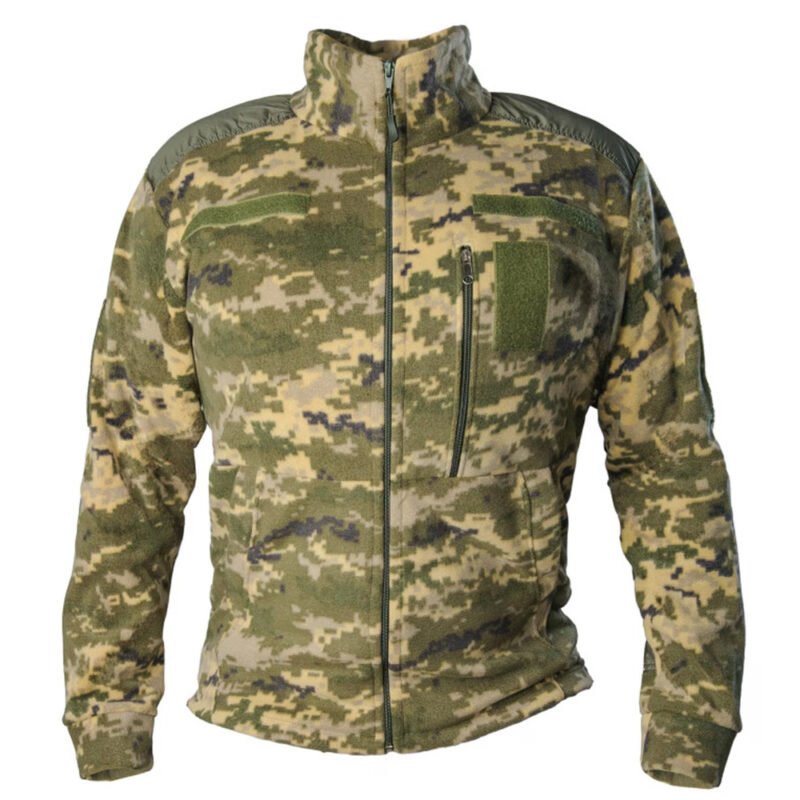 Frontal image of a tactical fleece jacket with chest pocket.
