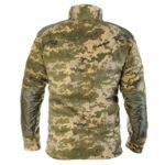 Rear view of a pixel camo jacket with elbow patches.