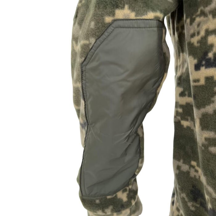 Detail of reinforced elbow patches on a military camo jacket.