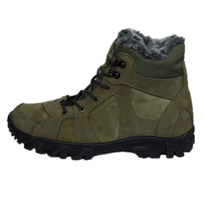 Khaki boots at an angle showing fur winter boots design