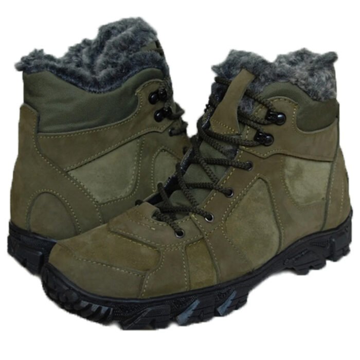Pair of khaki winter fur boots with rugged sole for grip