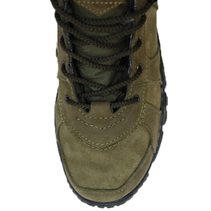 Top view of khaki military boots with fur lining for winter warmth