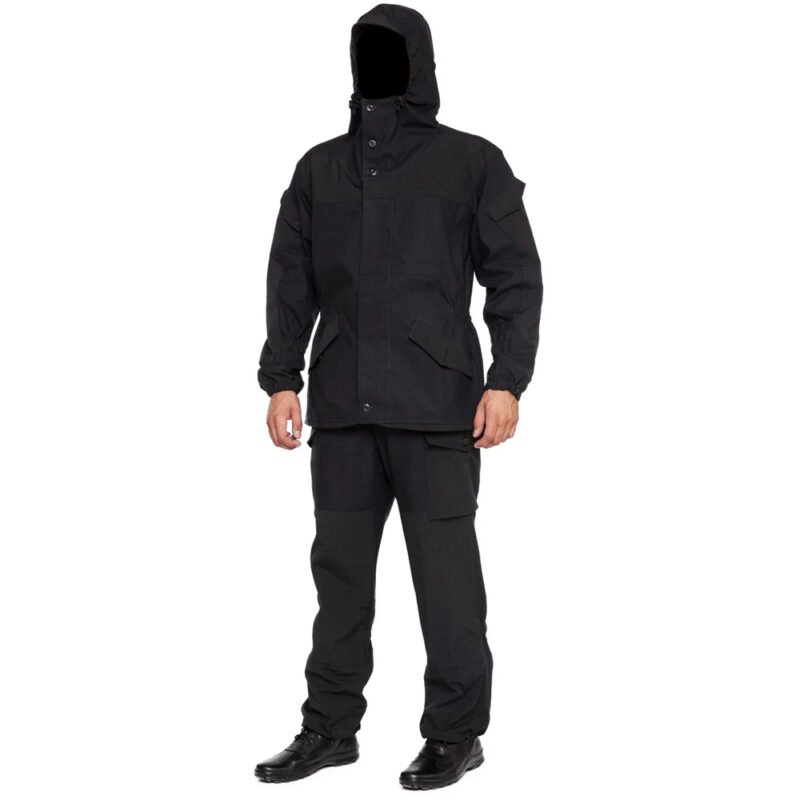 Gorka 3 black uniform, tactical suit with secure pockets and adjustable features for military and outdoor activities.