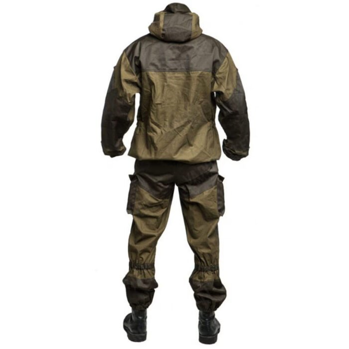 Back view of the dark olive Gorka 3 military uniform with hood and adjustable straps.
