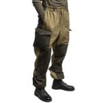 Detail of dark olive Gorka 3 tactical pants with cargo pockets and reinforced knee sections.