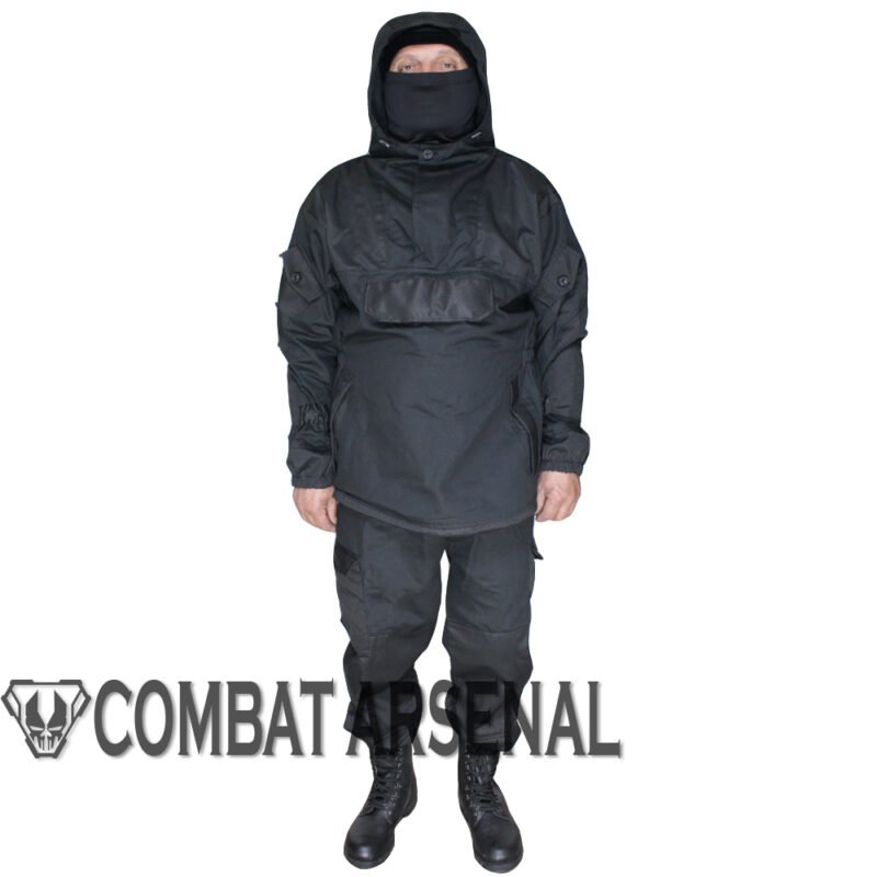 Full Gorka 4 black hooded suit with jacket and pants.