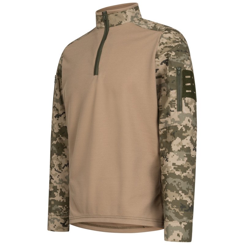 Front view of a pixel camouflage UBACS shirt with khaki torso.