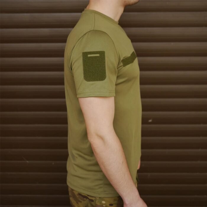 Side view of an olive green t-shirt