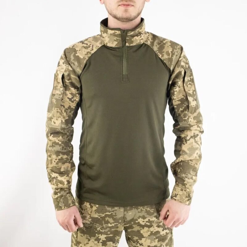 Front view of the Ukrainian Army UBACS shirt with pixel camouflage sleeves.