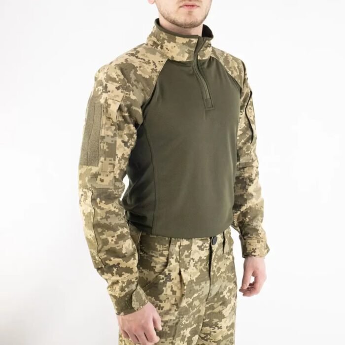 Ukrainian Army UBACS shirt in pixel camouflage with olive green torso.