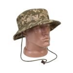 ZSU Panama Hat on mannequin head with digital pixel camouflage and chin strap.