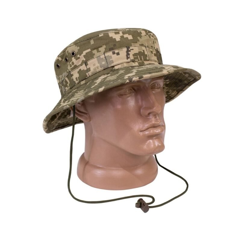 ZSU Panama Hat on mannequin head with digital pixel camouflage and chin strap.
