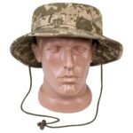 Front view of ZSU Panama Hat on mannequin head with digital pixel camouflage and chin strap.