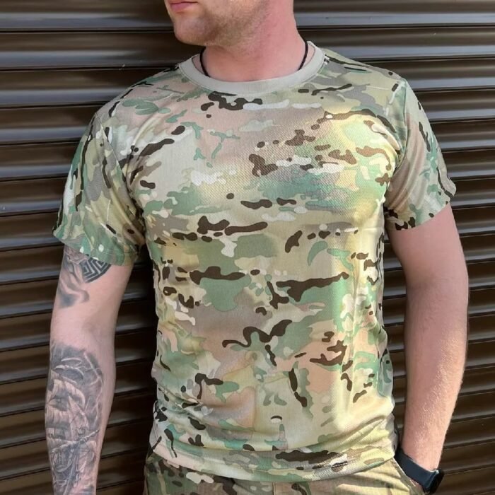 Front view of a man wearing a multicam t-shirt