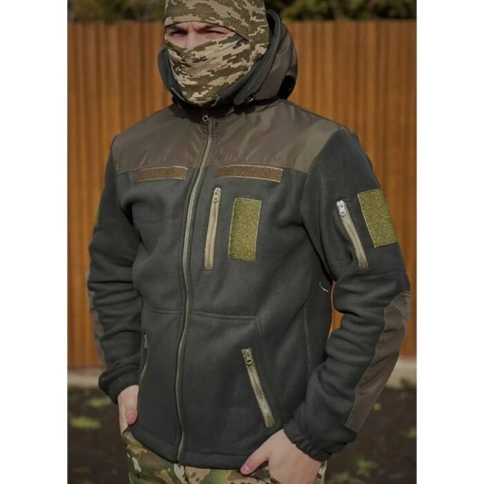 Front view of a hooded olive tactical jacket with camouflage mask.